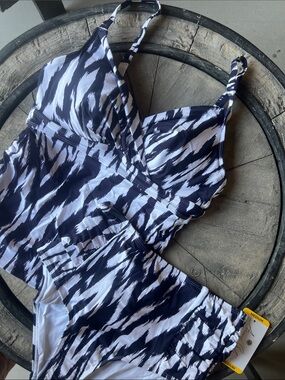 Anne Cole Navy Blue & White Tankini Swim set Size Med w High-Waist Bottoms B37
